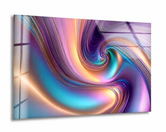 Pastel Iridescent Glass Wall Art, Purple Teal Abstract Swirl Decor, Tempered Glass, Framed or Unframed, Ready to Hang