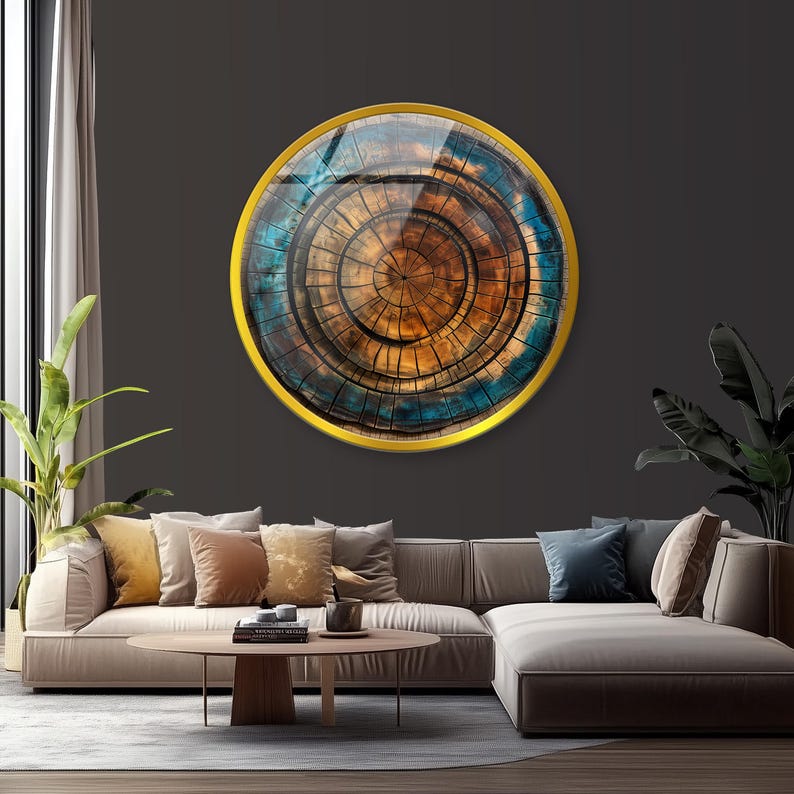 Tree-inspired glass printing wall art with concentric circles