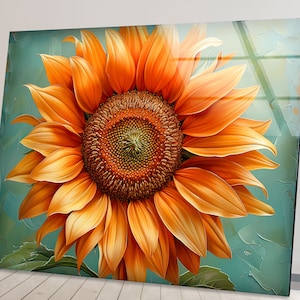 Arte mural de vidrio templado con girasoles hecho a mano: Decoración floral moderna