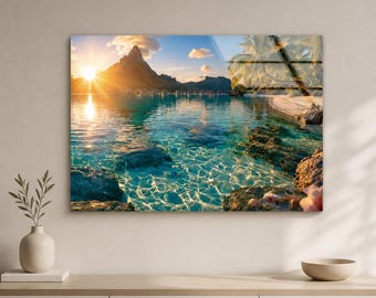 Tropical Lagoon Glass Wall Art, Turquoise Ocean Large Tempered Glass Wall Art, Oversized Coastal Beach House Decor