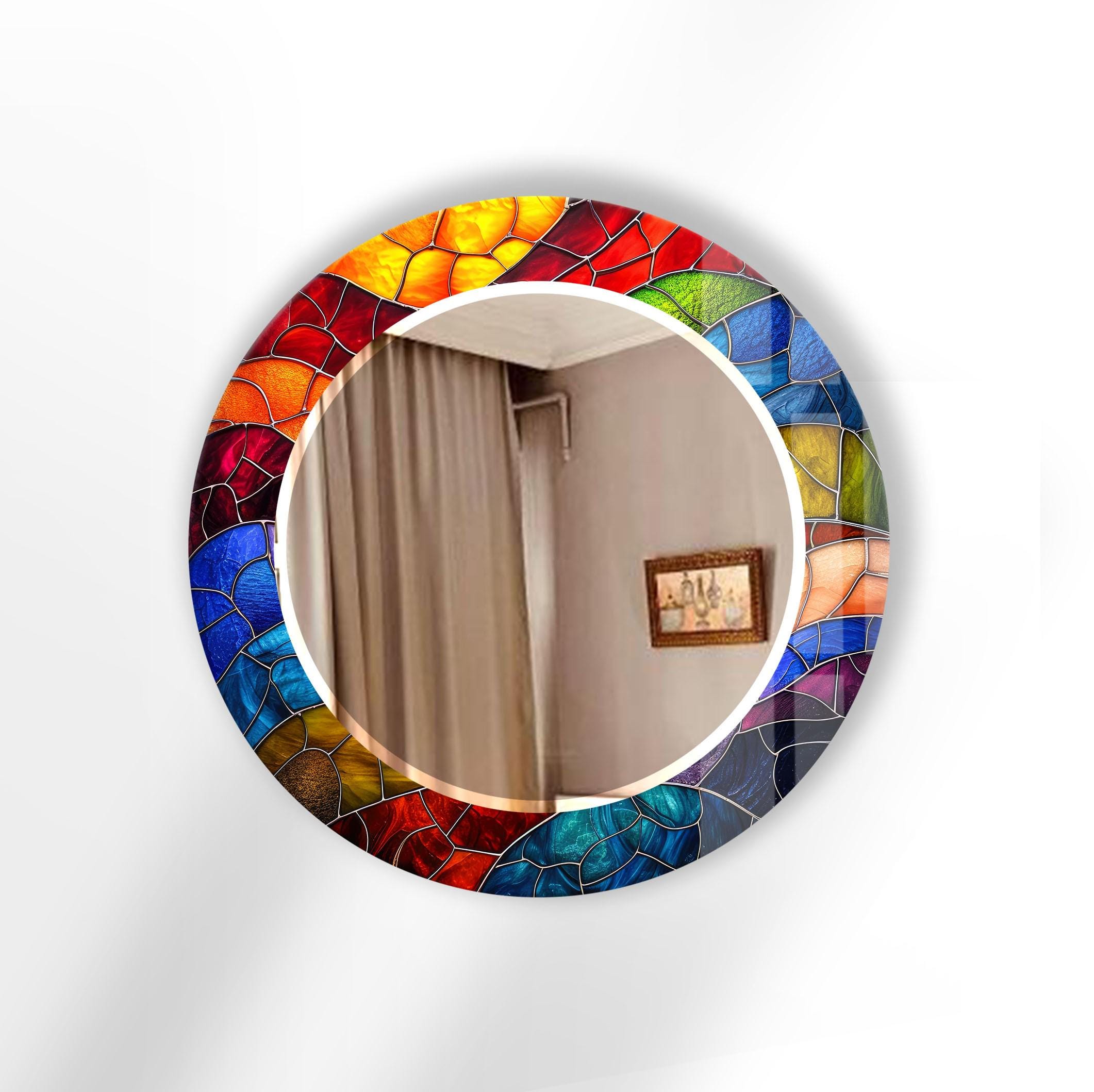 手作り強化ガラス製ラウンドミラー：ステンドグラス風壁飾り - Etsy 日本