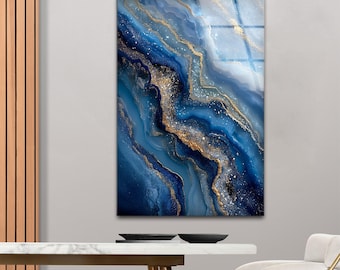 Arte murale in vetro astratto blu e oro: stampa verticale su vetro temperato con motivo ispirato alle geodi per un arredamento moderno da sala da pranzo o ufficio.