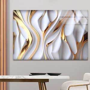 Arte de parede em vidro temperado com efeito mármore dourado: decoração abstrata moderna
