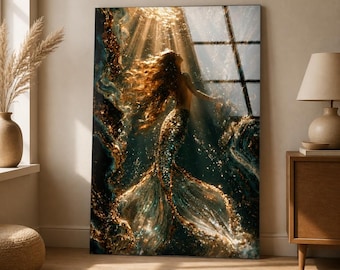 Golden Mermaid Glass Wall Art, Teal Ocean Fantasy Decor, Vertical Tempered Glass, Framed or Unframed, Ready to Hang