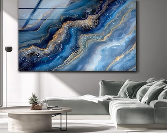 ブルーゴールドジオードガラスプリント：抽象的な強化ガラスウォール