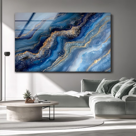 ブルーゴールドジオードガラスプリント：抽象的な強化ガラスウォール