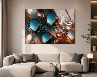Metallic Sphere Glass Wall Art, Teal Copper Abstract Design, Horizontal Oversized Tempered Glass Wall Art, Futuristic Decor