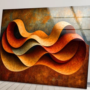 Orange Abstract Tempered Glass Wall Art: Modern Waves Decor