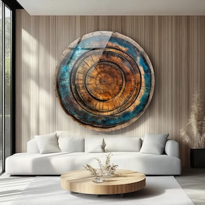 Artistic round glass print with natural wood pattern design
