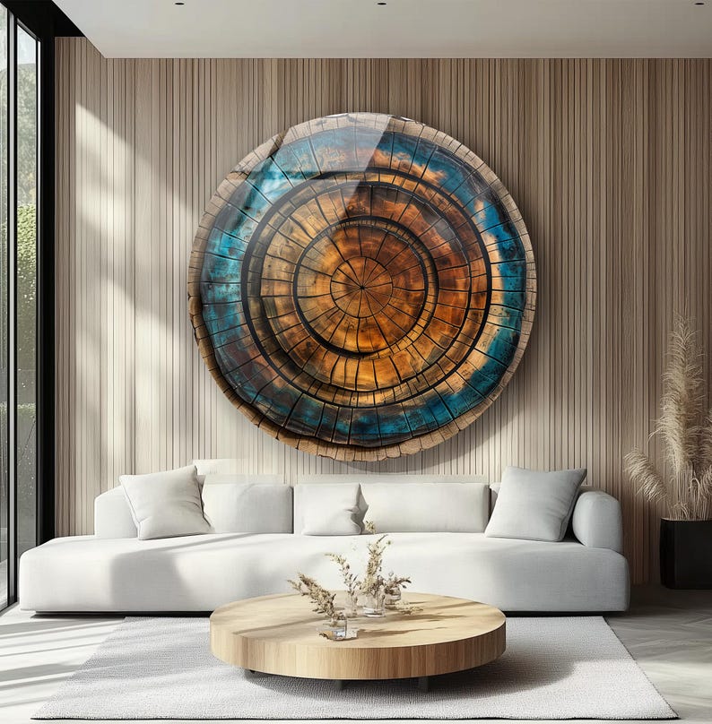 Artistic round glass print with natural wood pattern design