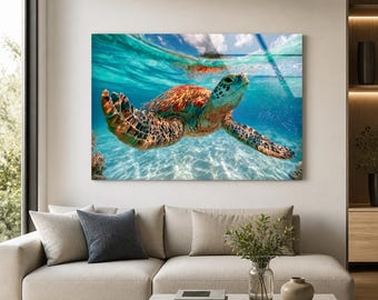 Sea Turtle Glass Wall Art, Turquoise Underwater Ocean Decor, Coastal Tempered Glass, Framed or Unframed, Ready to Hang