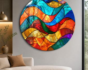 Rainbow Abstract Wave Glass Wall Art, Stained Glass Style Colorful Mosaic, Horizontal Oversized Tempered Glass Wall Art