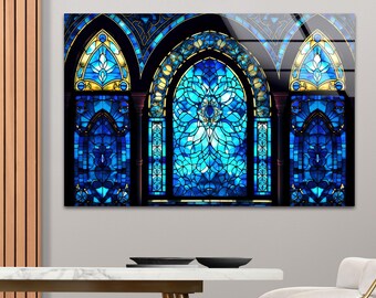 青いステンドグラスの窓、強化ガラスの壁掛けアート - Etsy 日本