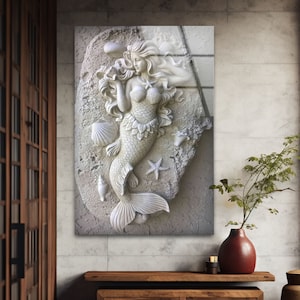 Modern Wall Art,Tempered Glass Wall Art,White Mermaid Wall Art,Statue Mermaid Wall Decor,Glass Printing Art,Wall Hangings,Tempered Glass Art