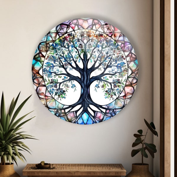 Arte de pared de vidrio templado-Arte de pared Mandala-Vida de la decoración del árbol-Arte de impresión de vidrio-Arte de pared redondo-Colgadores de pared-Arte de vidrio templado-Decoración de árboles