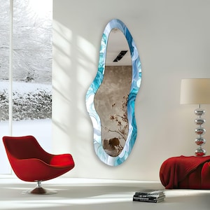 Blue Tempered Glass Full Length Mirror: Asymmetrical Wavy Wall Decor