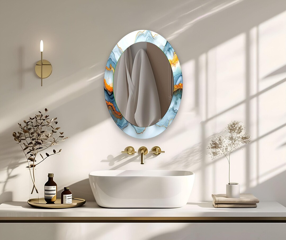 Blue & Gold Oval Wall Mirror: Tempered Glass Bathroom Decor - Etsy