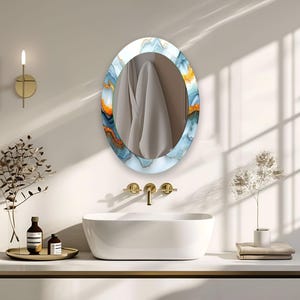 Blue & Gold Oval Wall Mirror: Tempered Glass Bathroom Decor