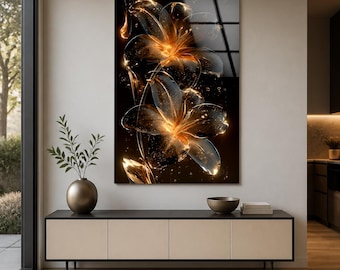 Golden Lily Glass Wall Art, Two Glowing Flowers on Black, Oversized Tempered Glass Wall Art, Amber Floral Decor