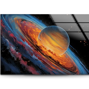 May include: A digital painting of a planet with a fiery orange and yellow atmosphere surrounded by a swirling blue and orange ring in space.