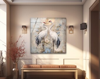 Decorazione murale in vetro temperato con gru – Due gru bianche e scena lunare, elegante stampa floreale verticale per camera da letto o soggiorno