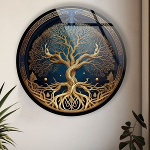 Tempered Glass Wall Art-Mandala Wall Art-Life of tree decor-Glass Printing-Round Wall Art-Wall Hangings-Tempered Glass Art-Gold Tree Decor