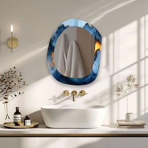Asymmetrical Blue Tempered Glass Wall Mirror, Tempered Glass Mirror, Asymmetrical Wall Mirror for Bathroom, irregular Mirror Bathroom Mirror