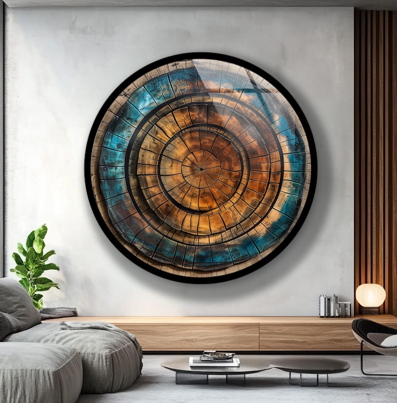 Unique circular glass artwork inspired by wood slice pattern