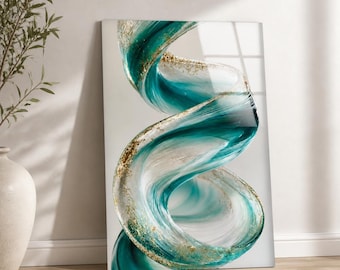 Teal Ribbon Abstract Glass Wall Art, Aqua and White Fluid Swirl with Gold, Vertical Oversized Tempered Glass Wall Art