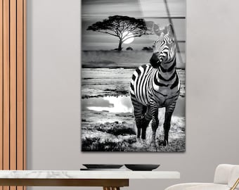 Black and White Zebra Tempered Glass Wall Art: Modern Minimalist Decor