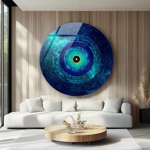 Art mural en verre Evil Eye : mosaïque bleue Protection de Nazar, décoration d'intérieur moderne