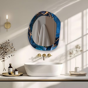 Blue Tempered Glass Wall Mirror: Asymmetrical Golden Accent Mirror