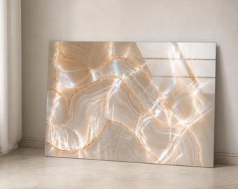 Champagne Agate Glass Wall Art, Beige Neutral Abstract Decor, Gold Vein Tempered Glass, Framed or Unframed, Ready to Hang