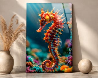 Colorful Seahorse Glass Wall Art, Orange Coral Reef Ocean Animal, Vertical Oversized Tempered Glass Wall Art, Coastal Home Decor
