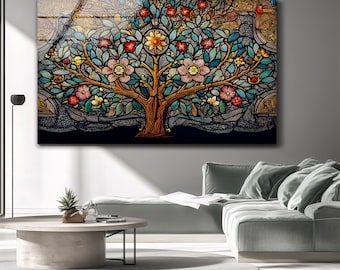 Arte murale in vetro colorato raffigurante l'albero della vita: stampa di un albero floreale colorato su vetro temperato, decorazione murale orizzontale spirituale