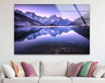 Tempered Glass Mountain Wall Art: Winter Landscape View