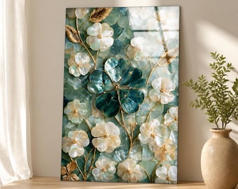 Teal Clover Glass Wall Art, Pearl Floral Decor, Vertical Tempered Glass, Framed or Unframed, Ready to Hang