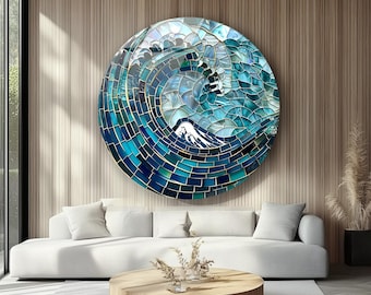 Decorazione murale rotonda con onda oceanica – Decorazione murale in mosaico con grande onda in blu e verde acqua, decorazione zen costiera per soggiorno o casa sulla spiaggia. Decorazione murale in vetro.