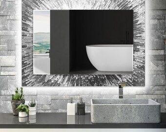 Handgefertigter LED-Badezimmerspiegel aus gehärtetem Glas: silberne dekorative Wandkunst