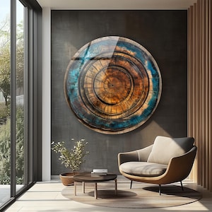 Abstract tree ring design in rustic circular glass artwork