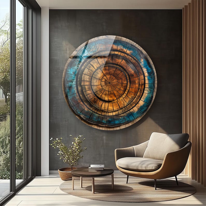 Abstract tree ring design in rustic circular glass artwork
