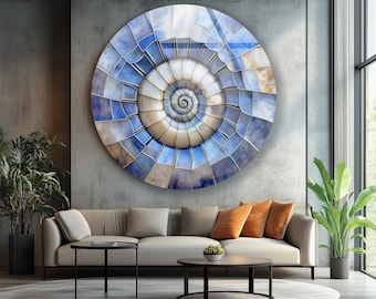 Decorazione murale in vetro a spirale Blue Nautilus – Stampa rotonda in vetro temperato nei toni dell'oceano, arredamento costiero moderno per interni zen e minimalisti
