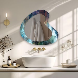 Asymmetrical Tempered Glass Wall Mirror: Modern Blue Bathroom Decor