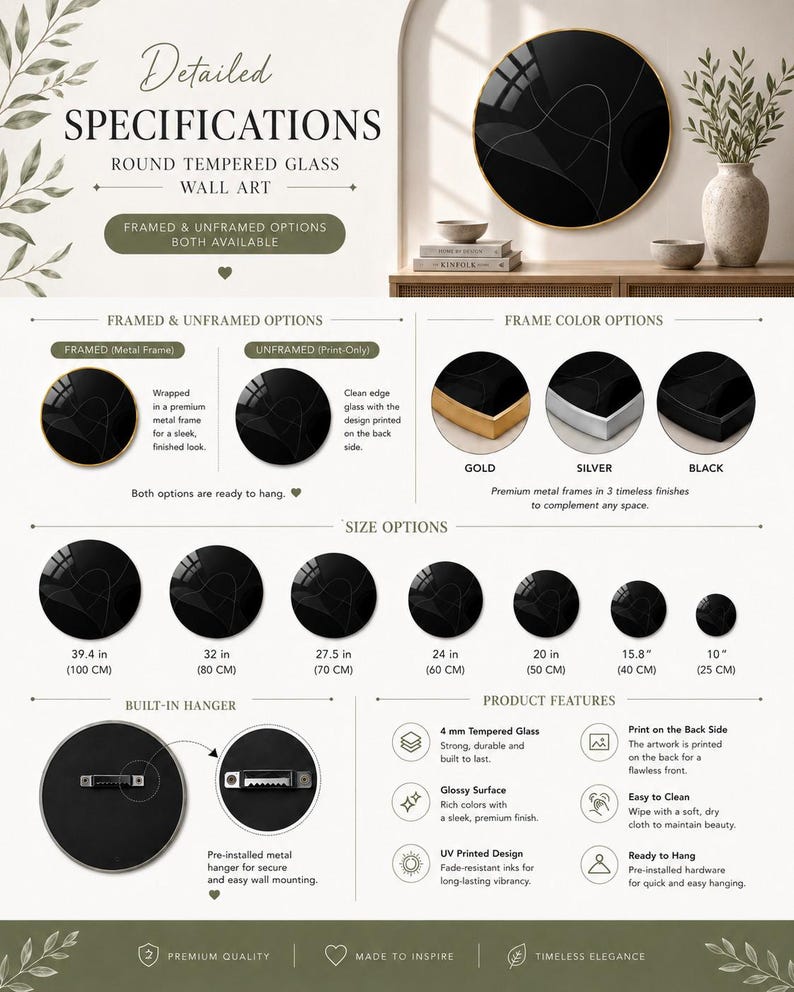 The image is a detailed specifications and product information for a round, framed, and unframed glass wall art. It provides information on the different frame colors, sizes, and built-in hanger features, as well as the type of glass used. The image is not a collage of multiple images, but rather a single, comprehensive description of the product.