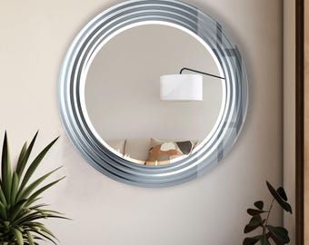 Espejo de pared redondo de cristal templado hecho a mano: Decoración de círculo plateado