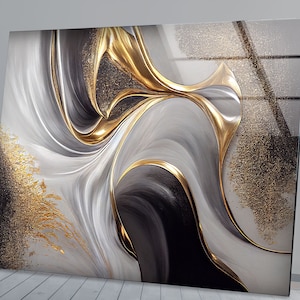 Marble Glass Wall Art, Black and Gold Tempered Glass Wall Art, Abstract Glass Wall Art, Glass Printing Art, Gold and Black Glass Art