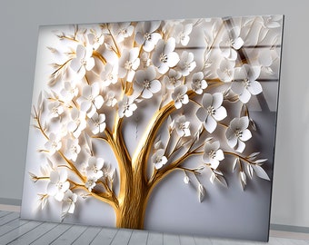 Decorazione murale in vetro temperato con albero dorato: decorazione floreale da parete