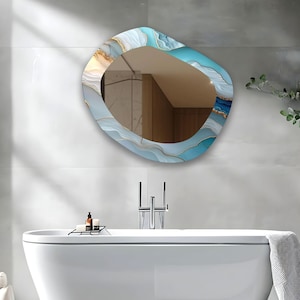 Tempered Glass Asymmetrical Wall Mirror: Blue & Gold Accent