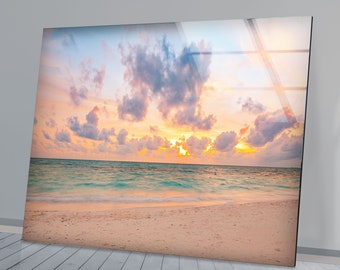 Handmade Tempered Glass Wall Art: Sunset Beach View Decor