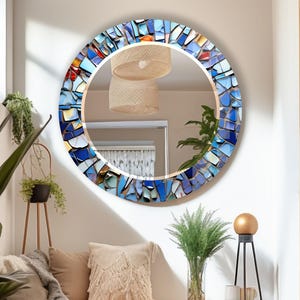 Tempered Glass Mirror, Round Wall Mirror for Bathroom, Stained Circle Mirror Wall Decor for Bedroom, Circle Bathroom Mirror, Mosaic mirror